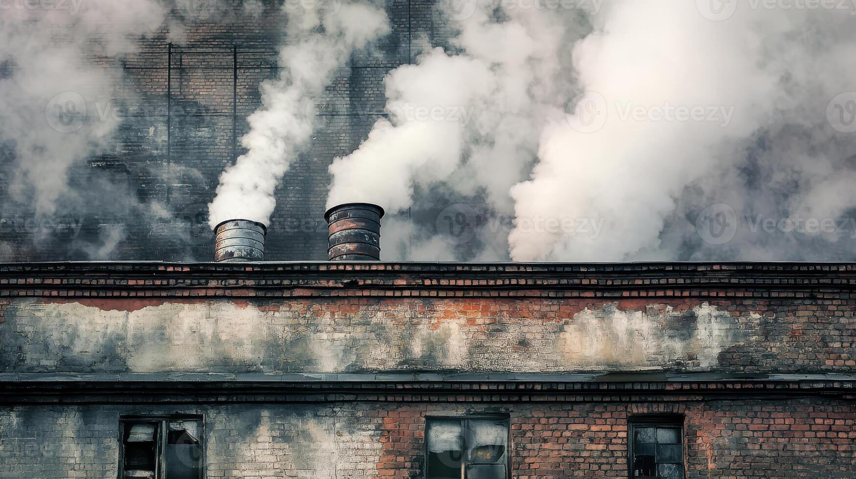 Smoke billowing from factory chimneys in an urban setting during a cloudy day in the late afternoon photo