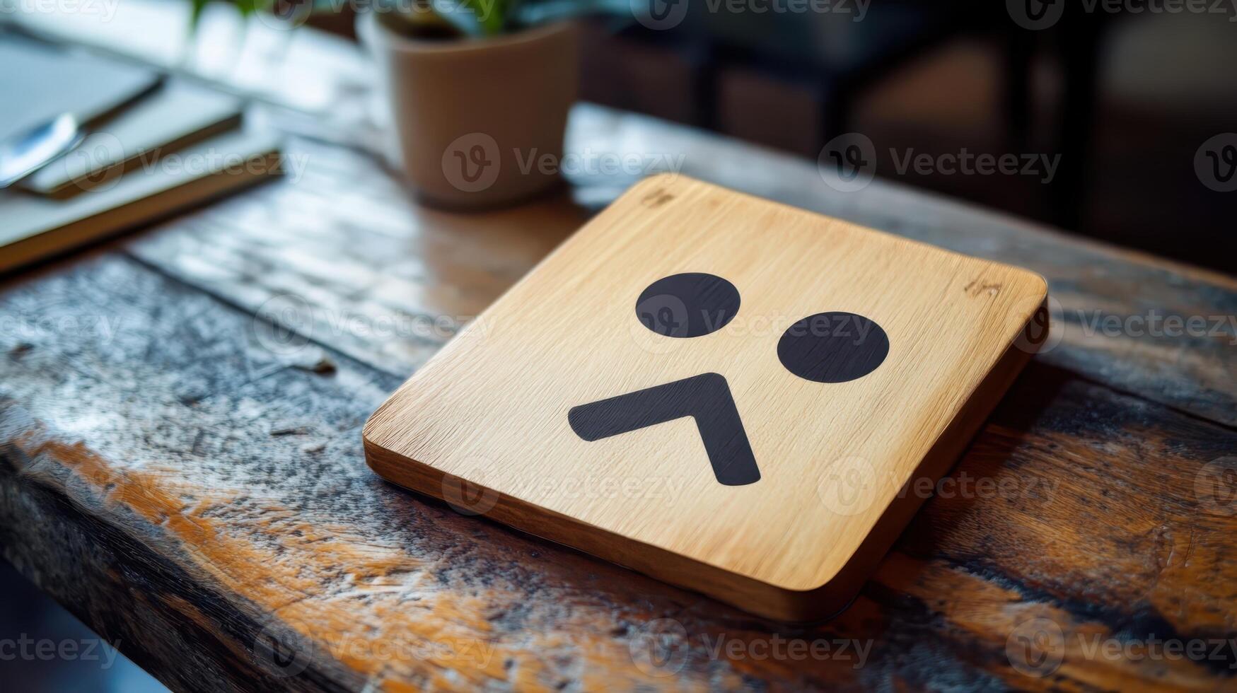 Unique wooden sign displaying a minimalist face with a frown, placed on a rustic wooden table in a cozy cafe setting during daylight hours photo