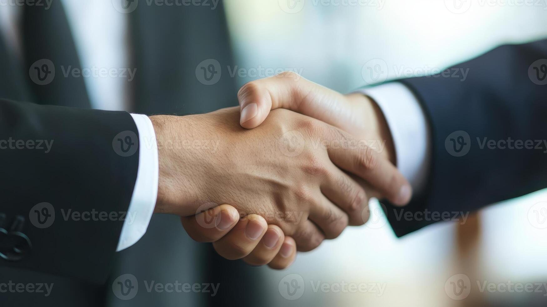 Two business professionals engage in a firm handshake to conclude a successful meeting in a modern office setting during the daytime hours photo