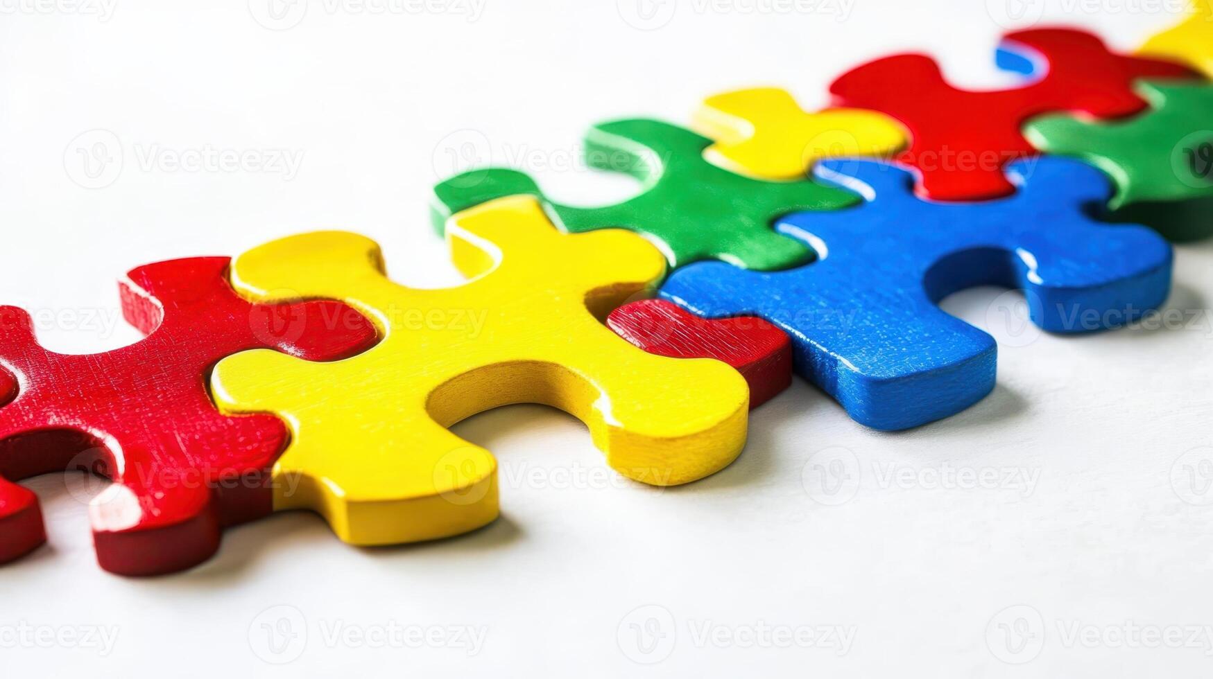 Colorful wooden puzzle pieces arranged in a line on a plain surface, demonstrating creativity and problem-solving skills in playtime activities for children photo