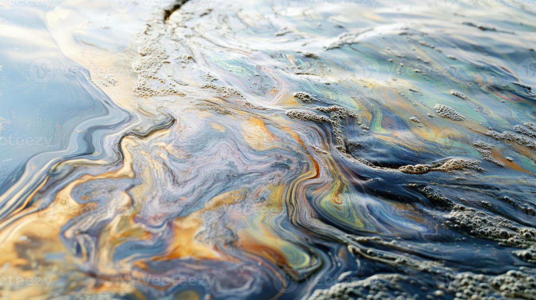 Colorful patterns on water surface create a mesmerizing abstract scene at a local riverbank during a sunny afternoon photo