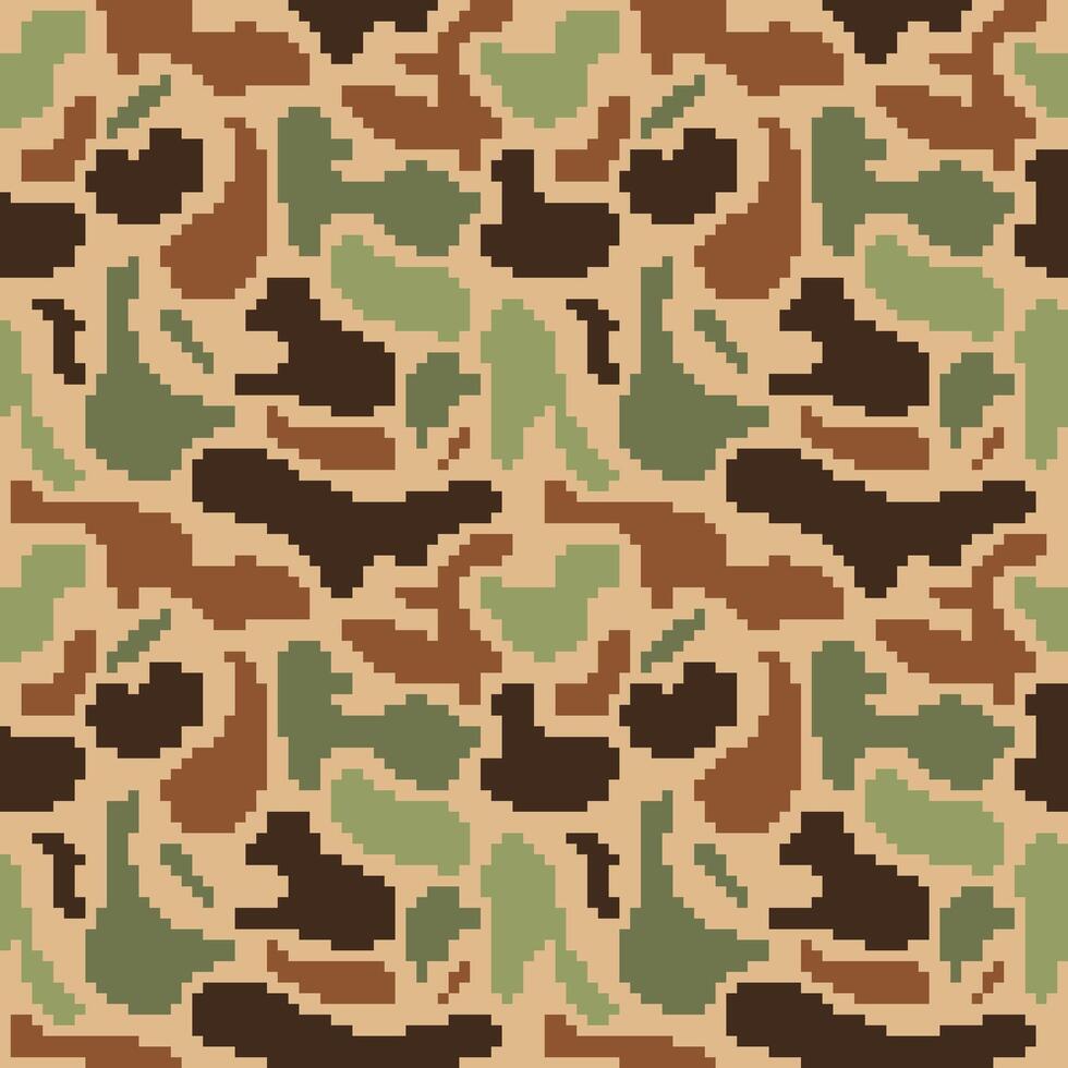 A pixelated camouflage seamless pattern design, featuring a classic military color palette in a seamless, repeating pixelated texture. Perfect for backgrounds, textiles, apparel, and more vector