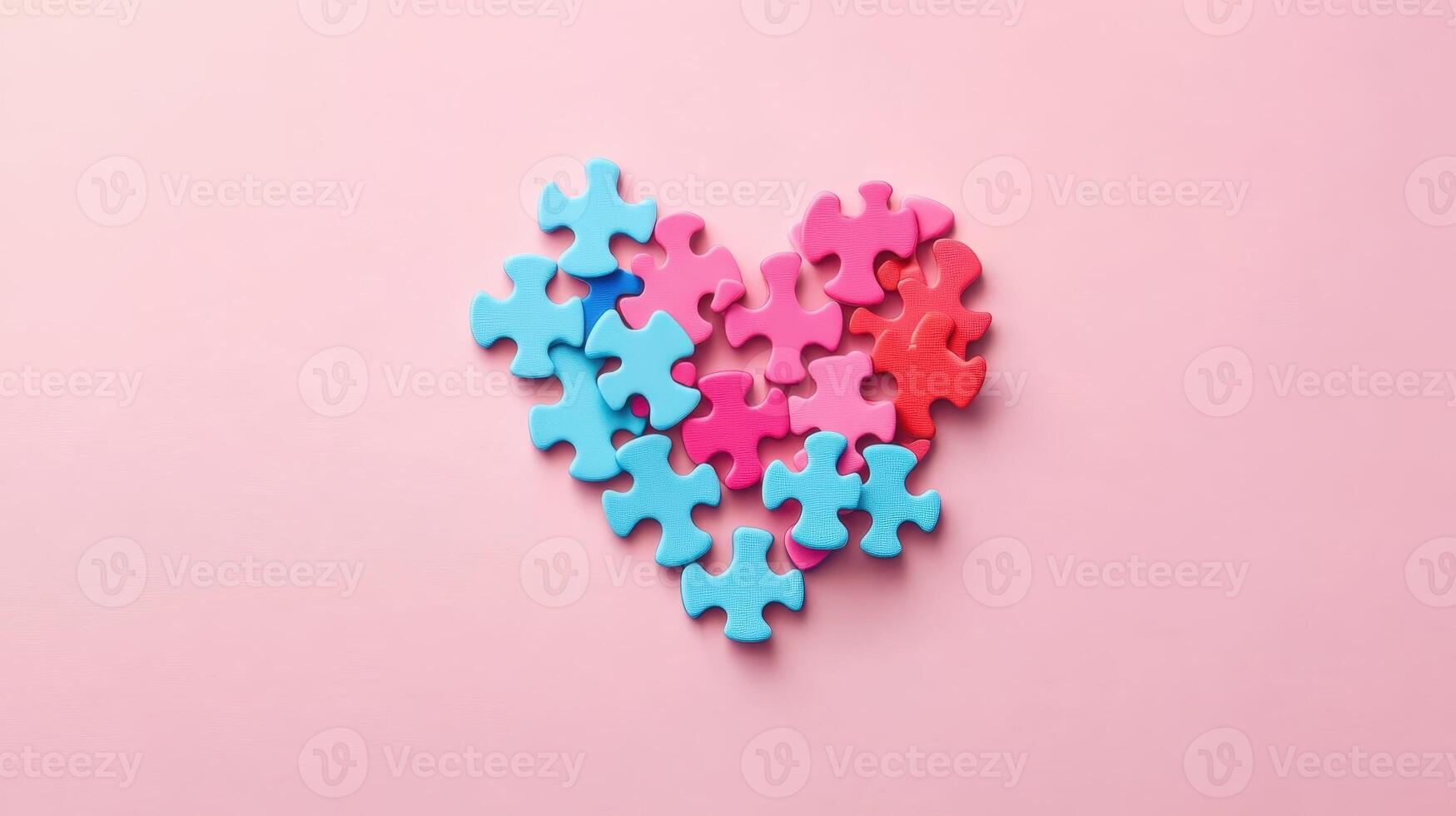 Colorful puzzle pieces arranged in the shape of a heart on a pink background showcasing creativity and playful design in a cozy setting photo