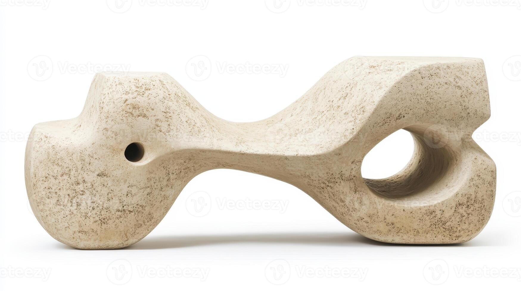 Sculptural piece made of stone showcasing abstract forms and smooth curves, placed on a minimalist backdrop in a bright studio setting during the daytime photo