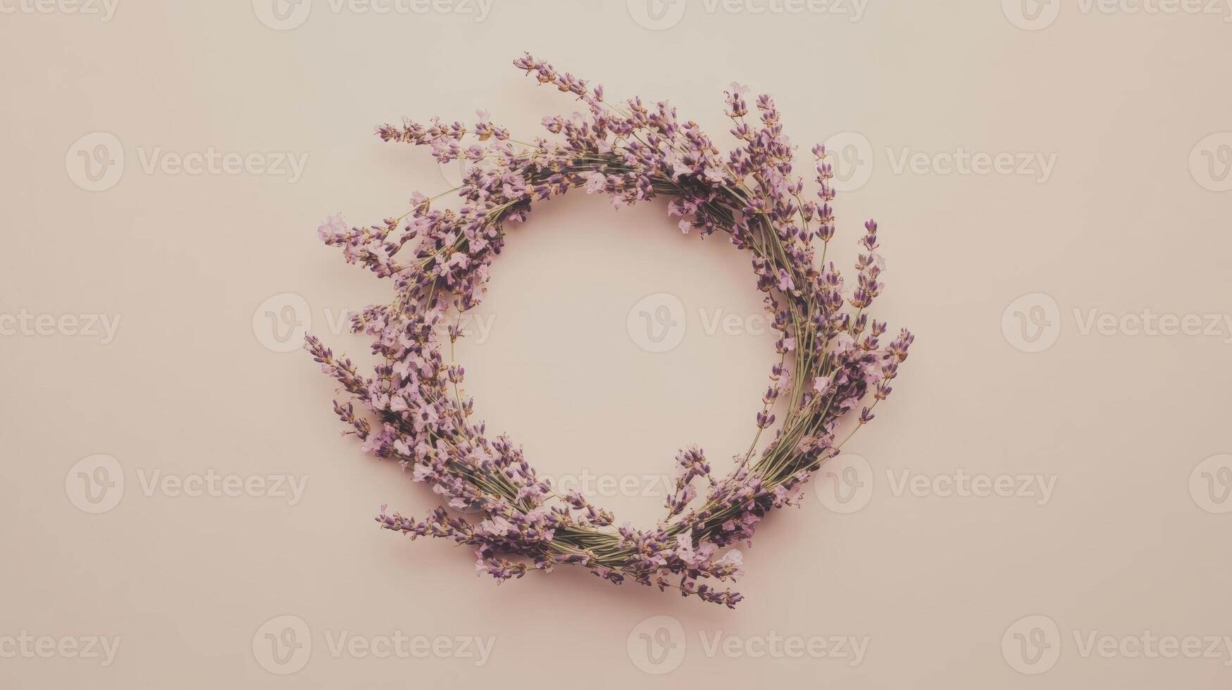 Lavender wreath decoration on a neutral background creates a calming and aesthetic mood suitable for home decor and events photo