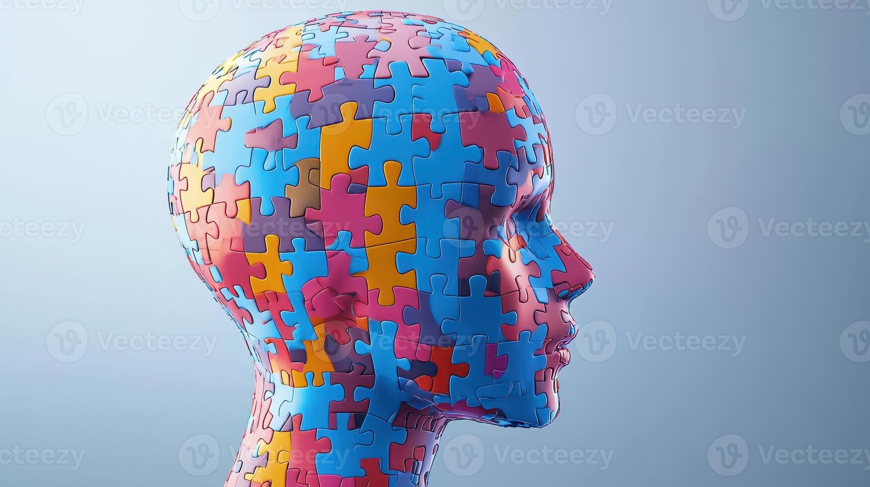 Colorful puzzle pieces cover a human head silhouette, symbolizing creativity and complexity in thought processes and mental health awareness photo