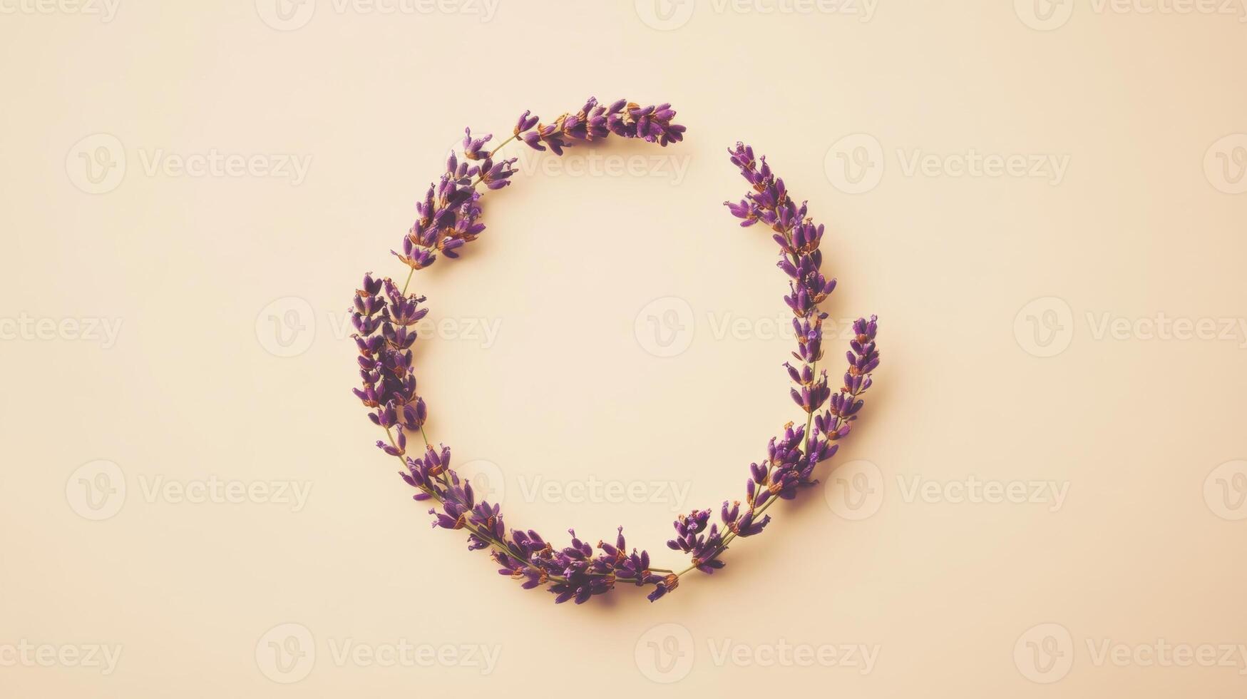 Lavender flowers arranged in a circular shape on a soft yellow background, showcasing natural beauty and simplicity photo