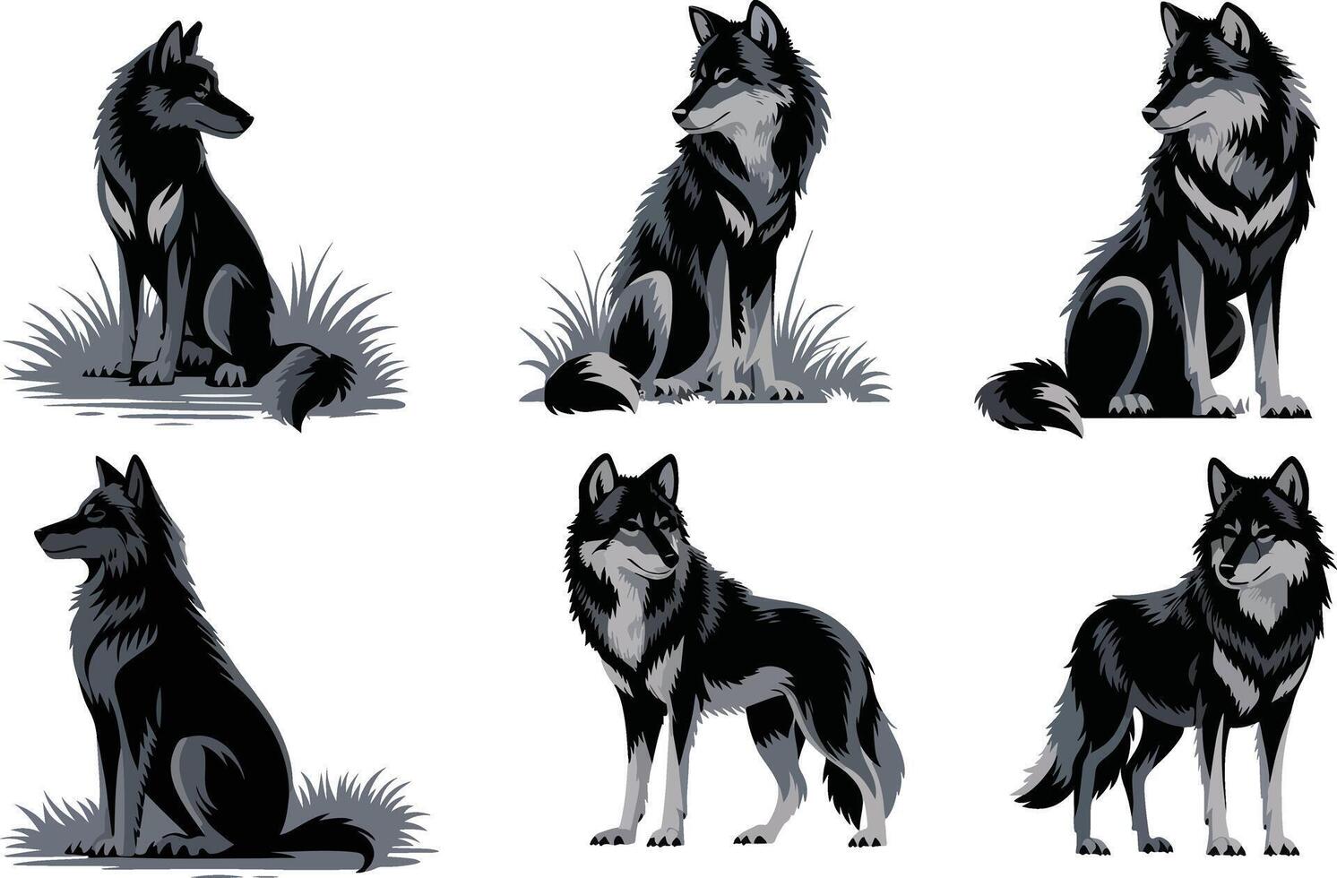 Set of Wolves in Various Poses - Black and White Illustration vector