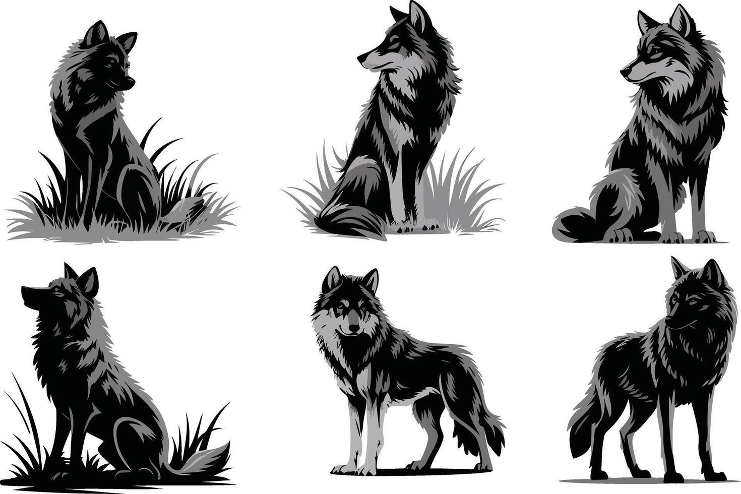 Collection of Black Wolf Illustrations Predator Poses in Silhouette vector