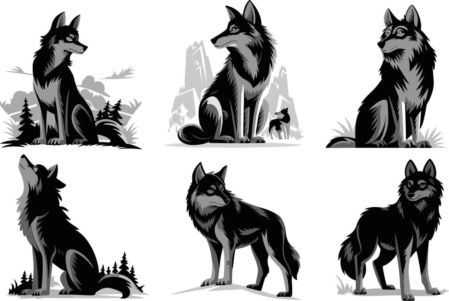 A pack of wolves in black and white vector