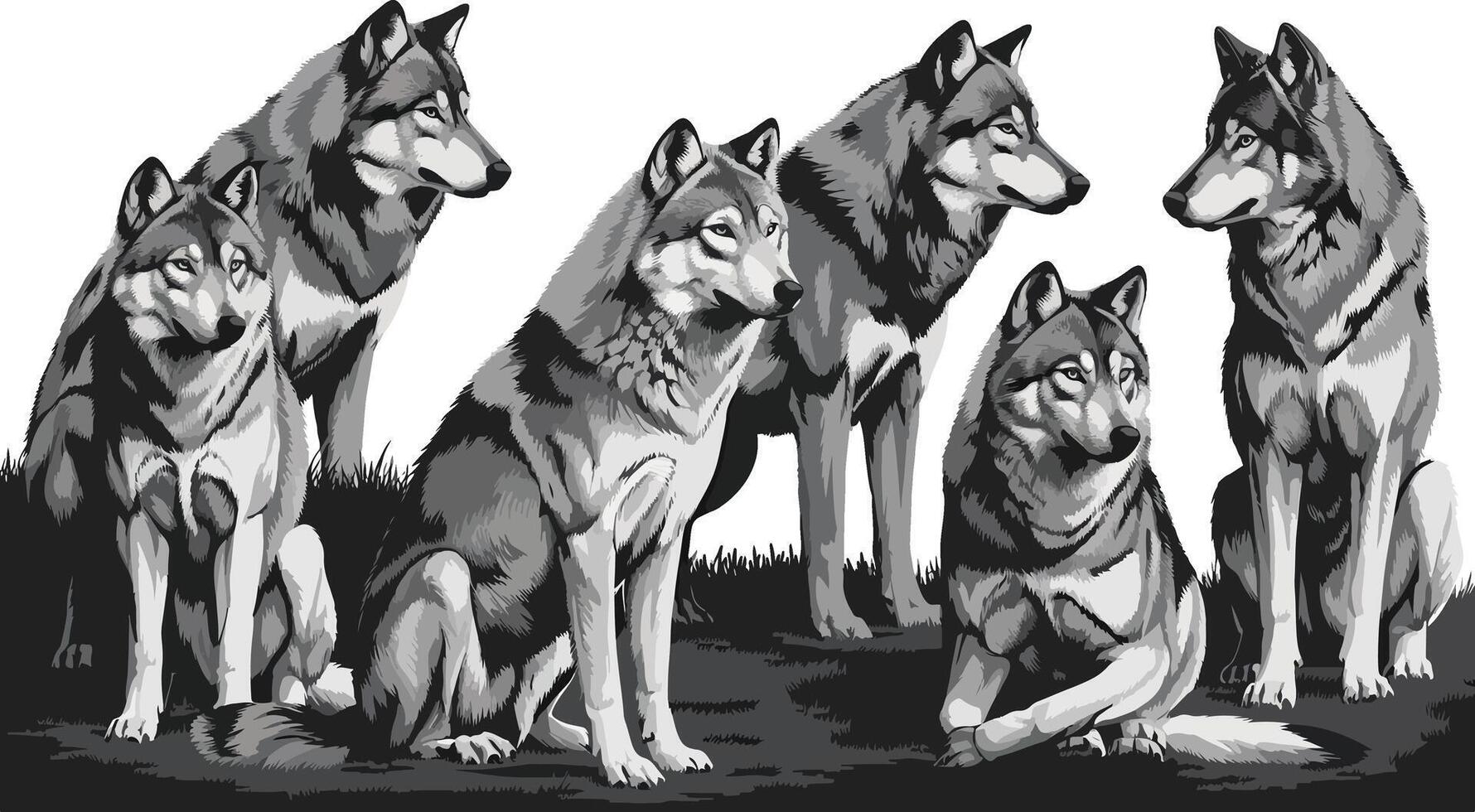 Set of six grayscale wolf illustrations in various poses and orientations. vector