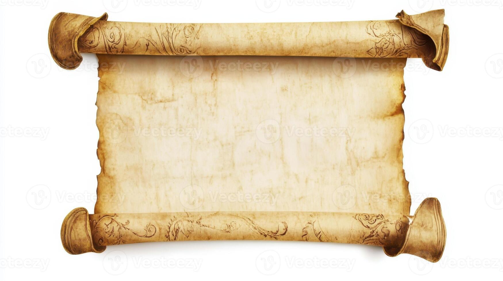 Old parchment scroll displaying blank space, perfect for historical text, ancient maps or decorative designs photo