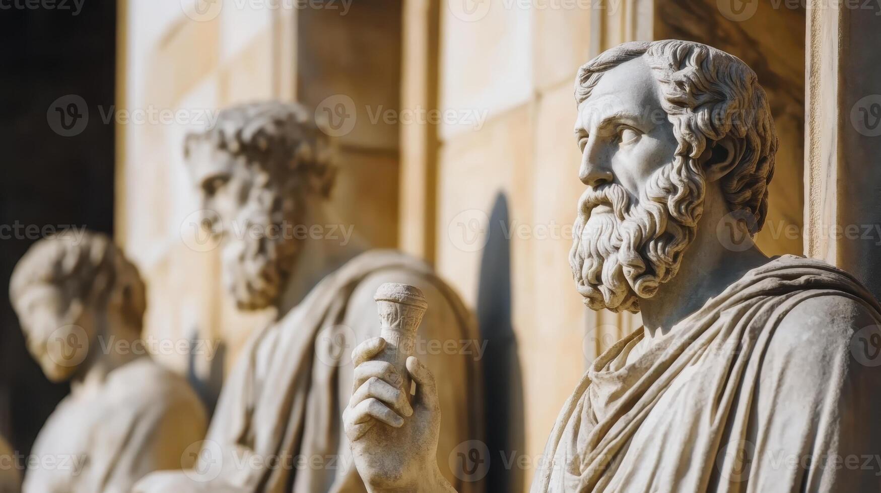 A line of esteemed historic philosophers gathers beneath the radiant sunlight, positioned just outside a grand classical structure photo
