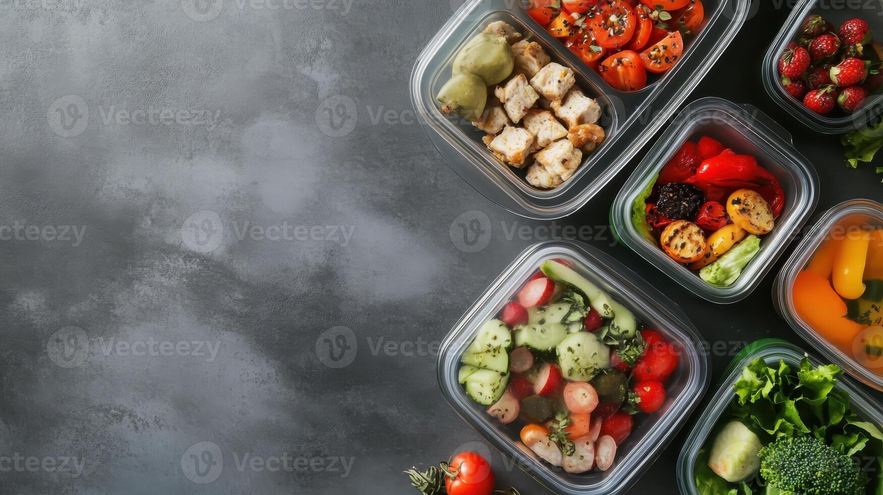 Healthy meal prep containers filled with colorful vegetables and proteins arranged on a dark background ready for the week ahead photo