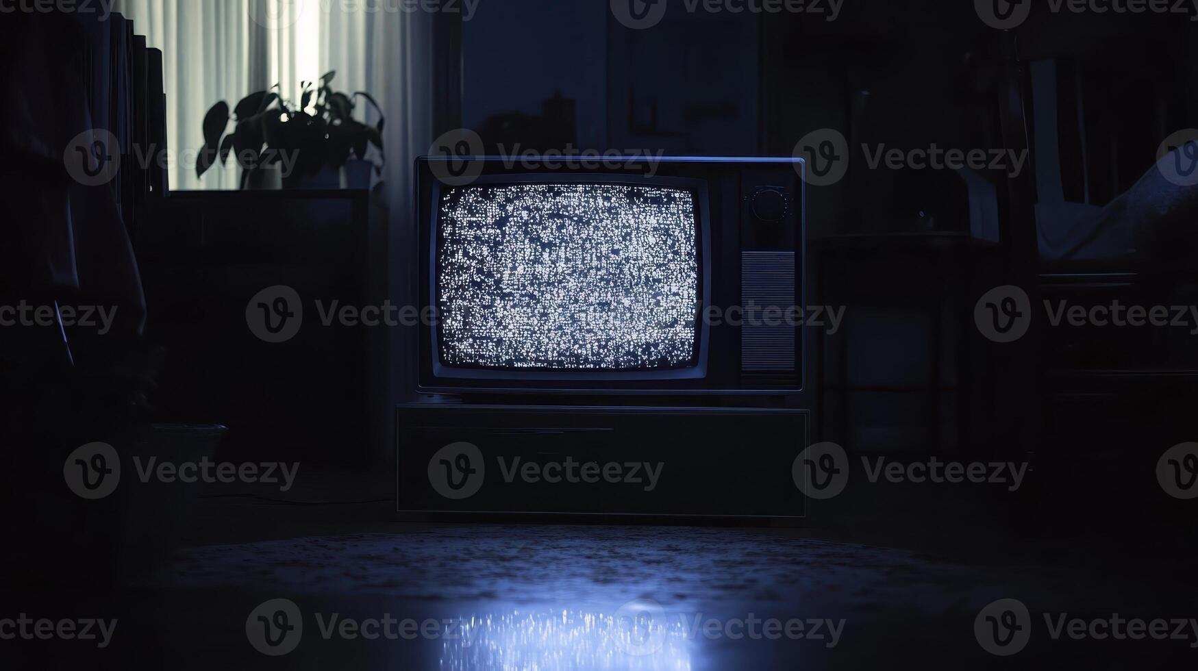Static fills an old television set in a dimly lit room, casting an eerie glow on the floor and illuminating the surrounding darkness photo