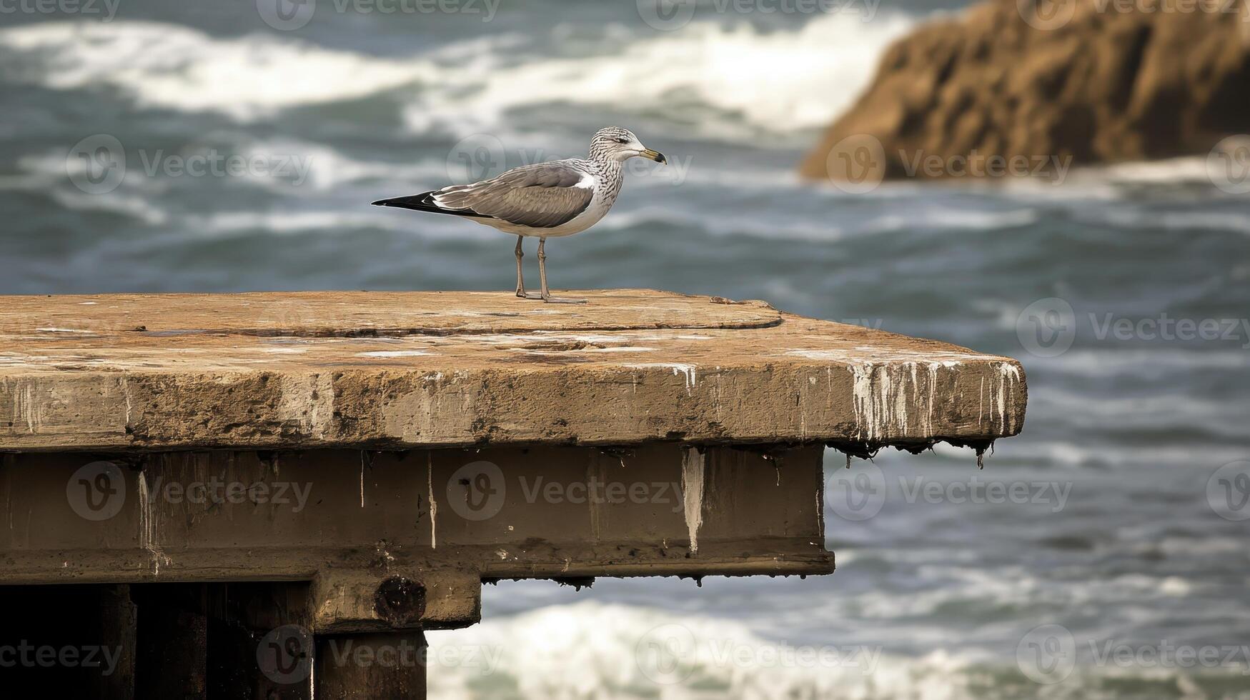 Seagull perched on weathered pier overlooking waves crashing against rocky shoreline in coastal setting photo