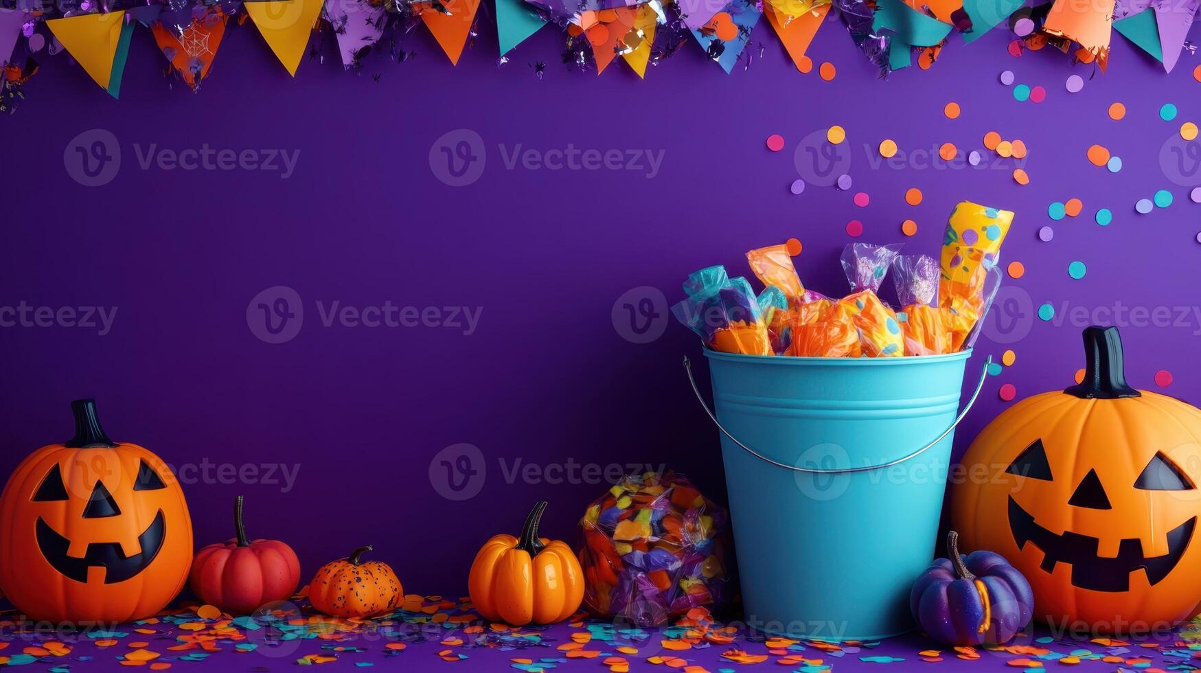 The lively ambiance of Halloween comes alive with an array of festive decorations, including brilliantly colored candies and intricately carved pumpkins, creating a vibrant and inviting atmosphere photo