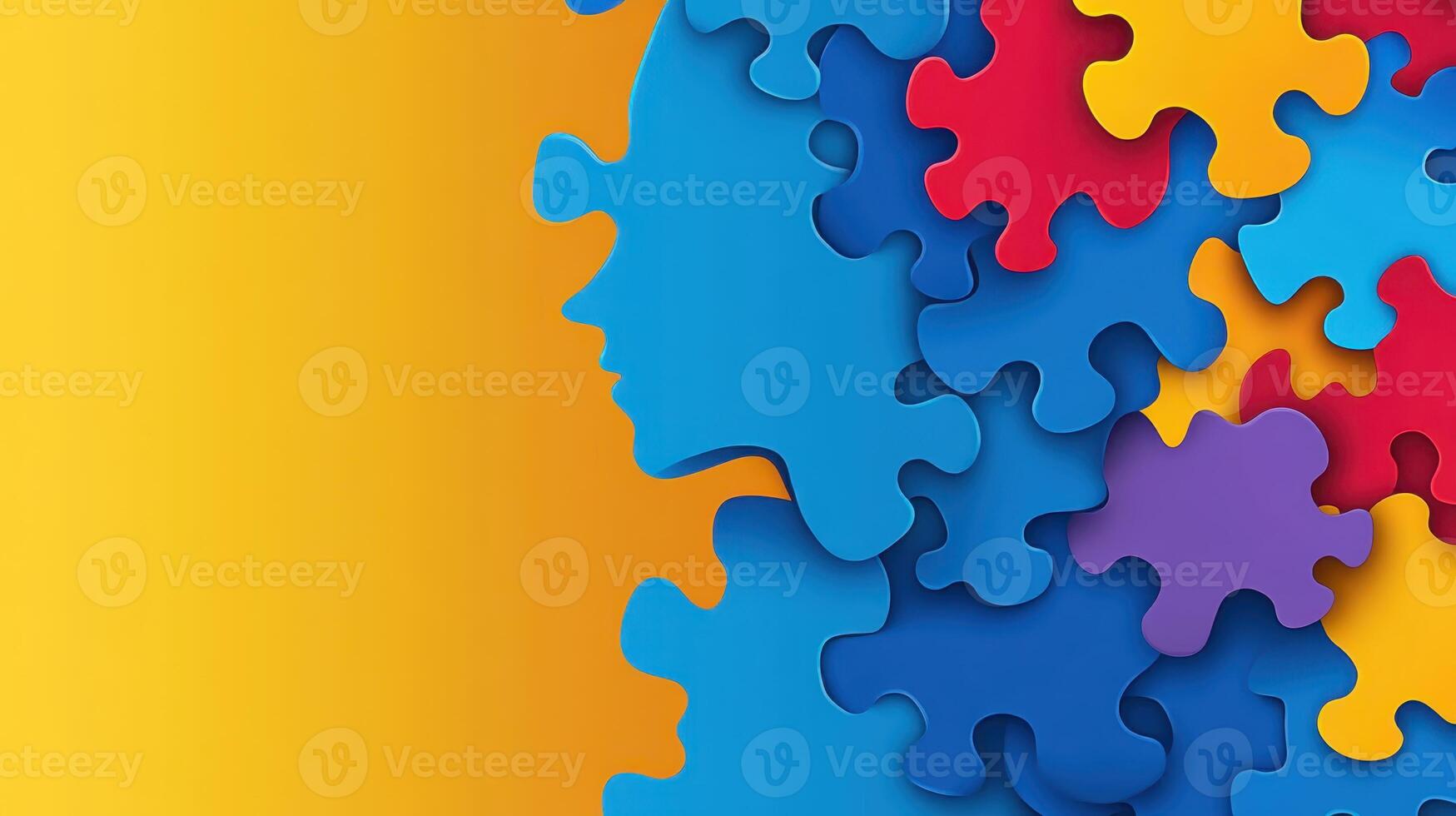 Colorful puzzle pieces form abstract human profiles on a vibrant yellow background creating an engaging visual representation of creativity and intellect photo