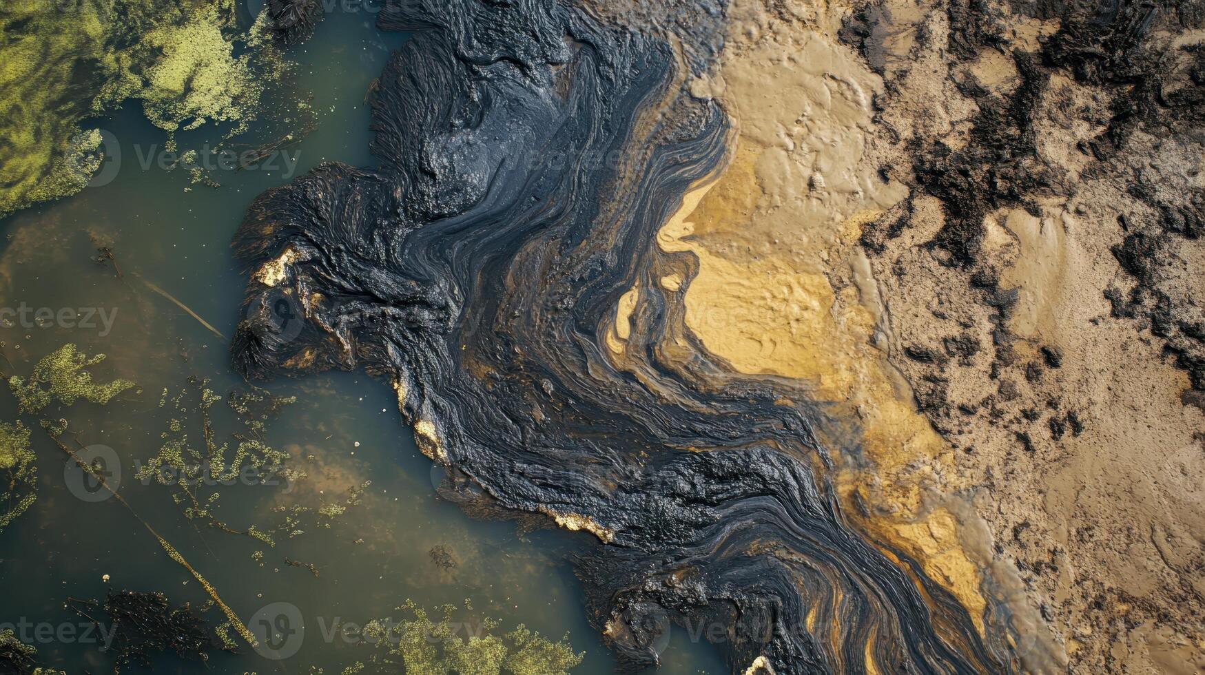 The oil slick forms captivating and intricate patterns on the surface of the water, particularly noticeable near the shoreline during daylight hours photo