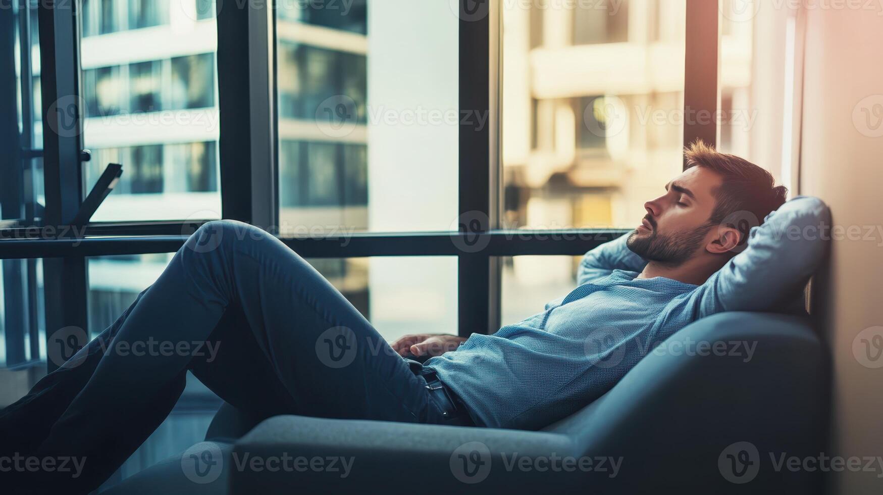 Man relaxing in a modern apartment with large windows overlooking a city skyline during sunset hours photo
