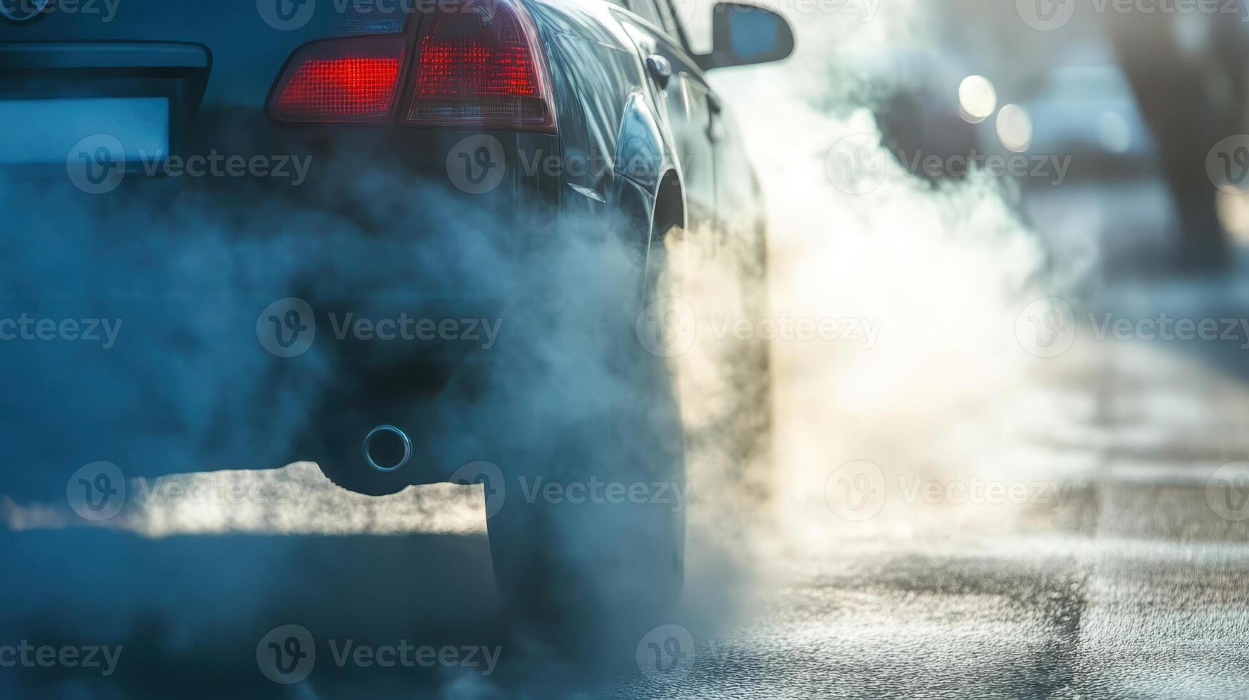 Dark sedan releasing exhaust smoke in urban setting during early morning hours, illuminating the street with warm sunlight photo