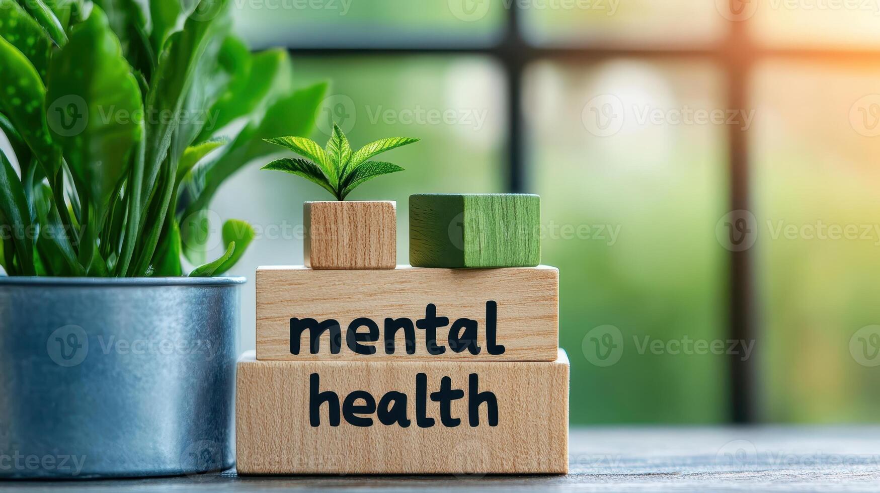 Focus on mental health with decorative plant and colorful blocks in a bright indoor setting surrounded by natural light photo
