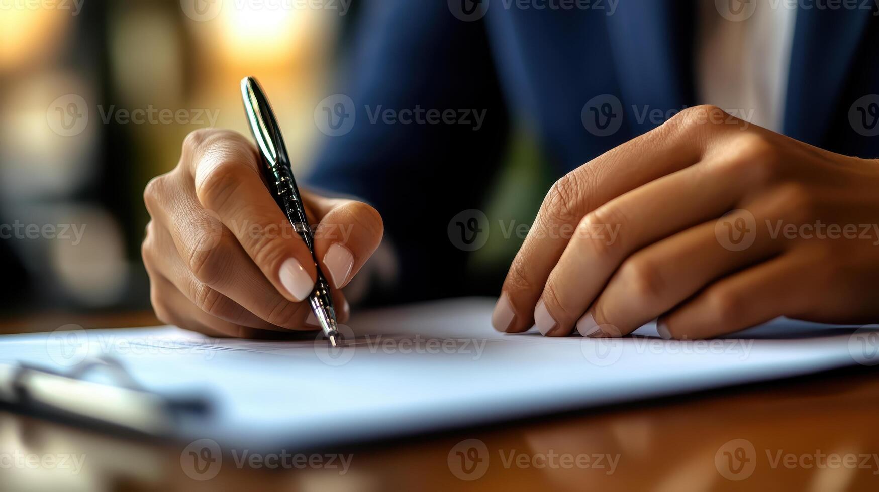 Individual writes notes at a wooden table during a meeting in an upscale office environment, showcasing focus and professionalism photo