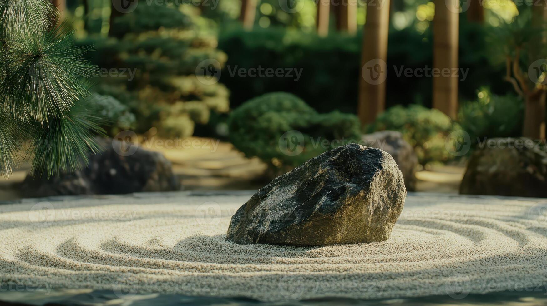Zen garden with raked sand and a large rock surrounded by tranquil greenery in a serene outdoor setting photo