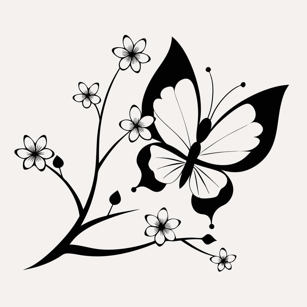 Elegant butterfly and flower branch monochrome art graphic print. vector