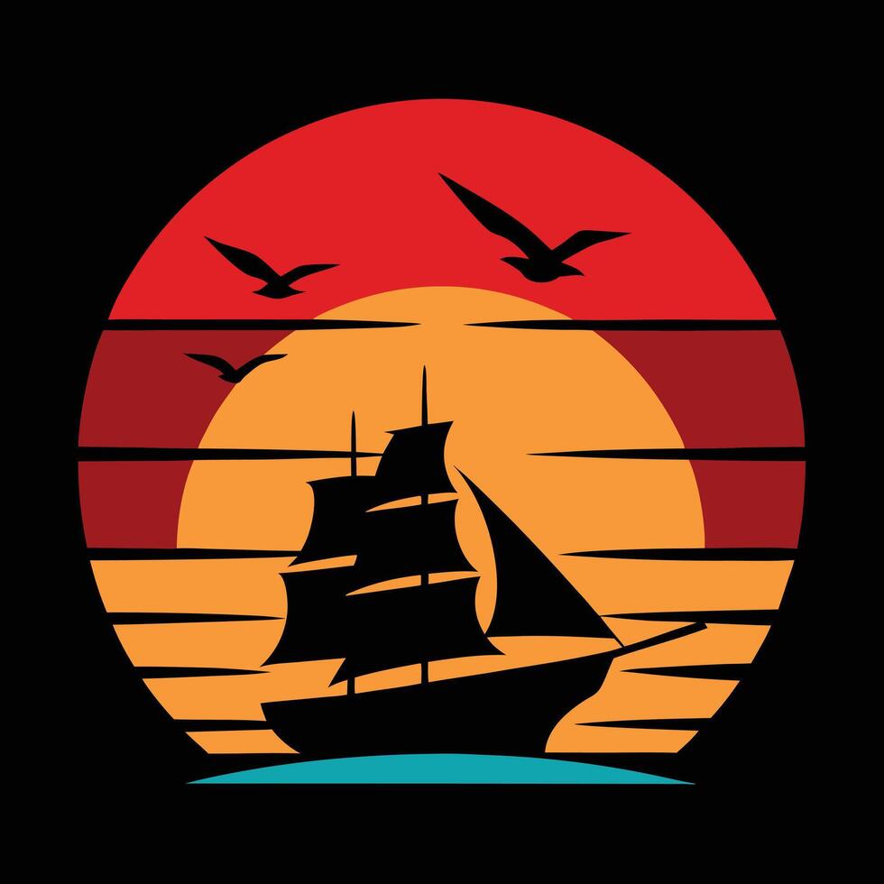 Silhouette of a sailing ship with large red and orange sails vector
