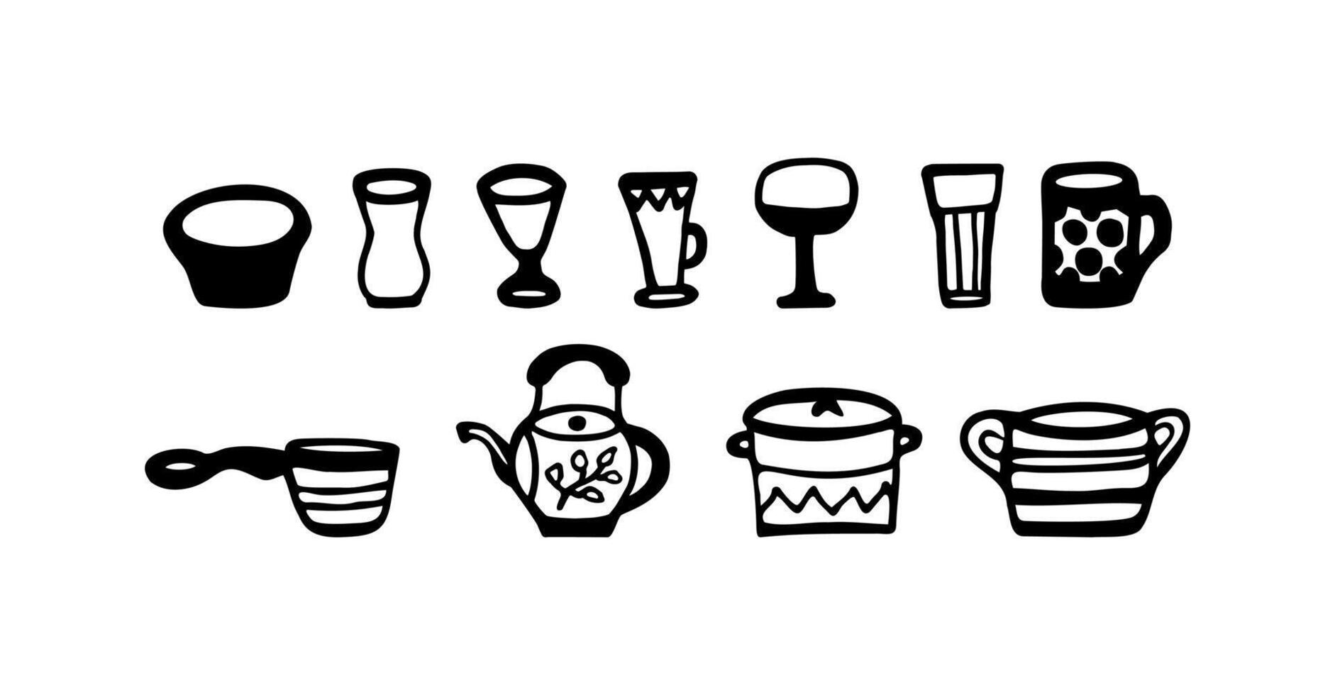 Doodle hand drawn cutlery kitchen isolated icon set. vector