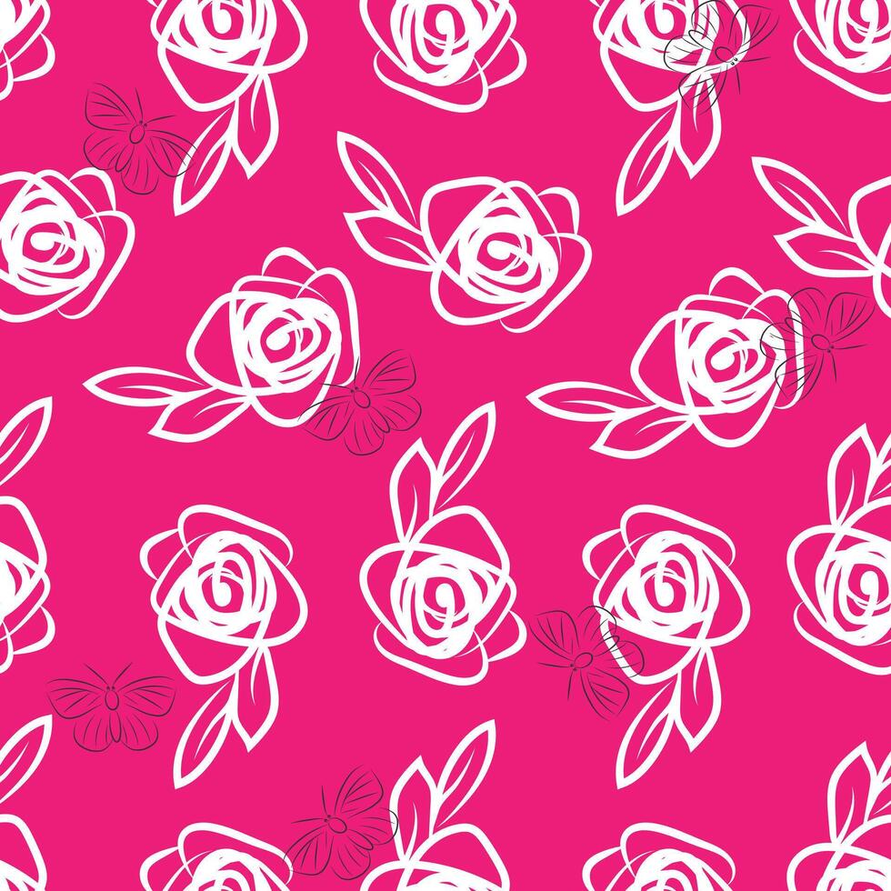 Seamless pattern with roses in single line style. Pink fabric print. vector