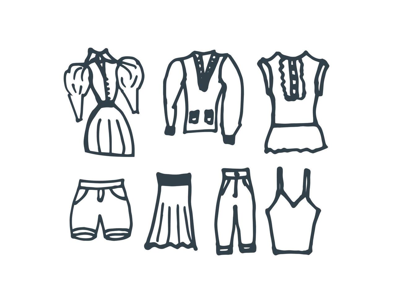 Hand drawn fashion cloth icon set. Doodle dress rough sketch. vector