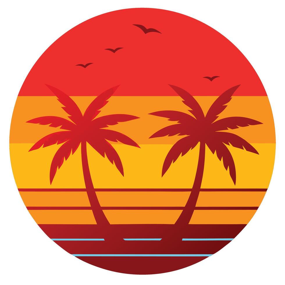 Sunset scene with palm trees and birds. vector