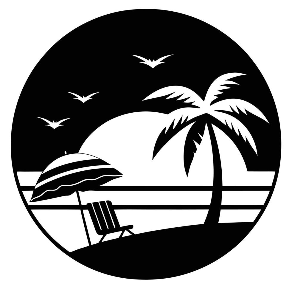 Black and white illustration of a beach scene in the evening, a beautiful beach scene vector
