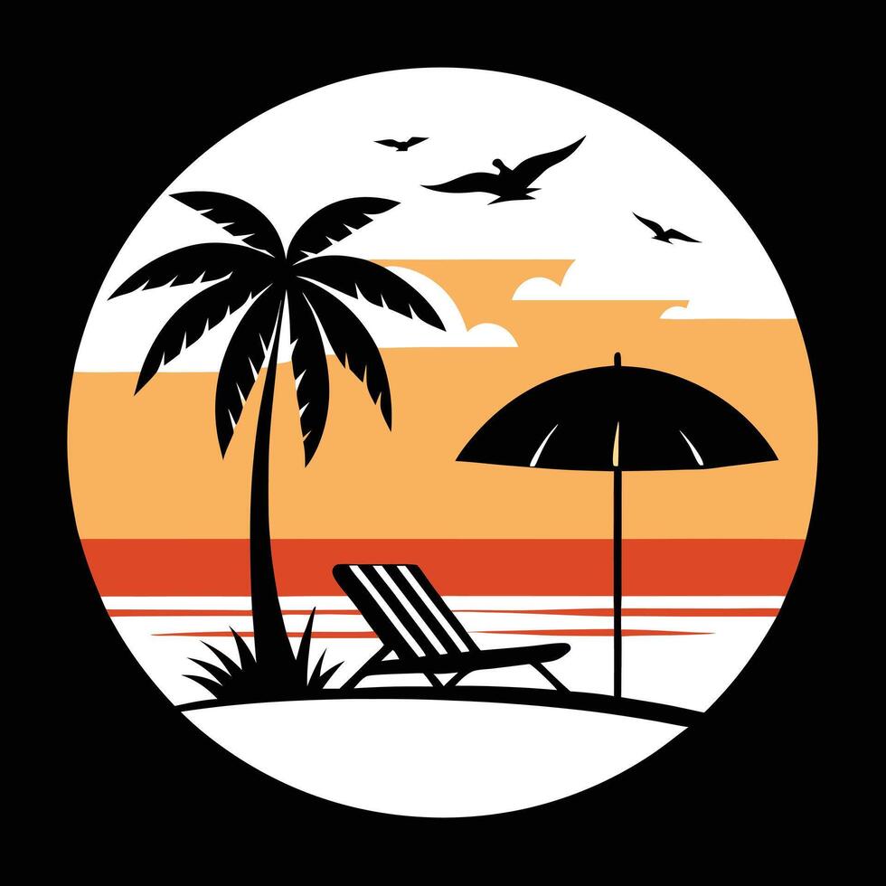 Silhouette of wooden chaise lounge, palm tree on beach. Umbrella and table with coconut and cocktail. Sea with sun. Sunset in tropical place. vector
