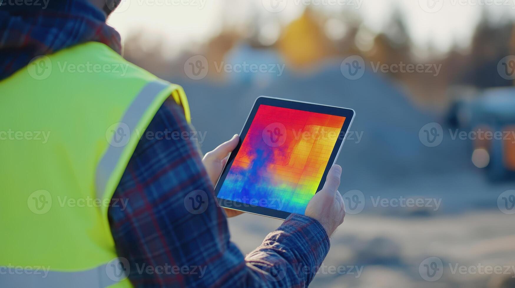 Construction worker using a tablet to monitor site conditions during the afternoon at a construction site in a rural area photo