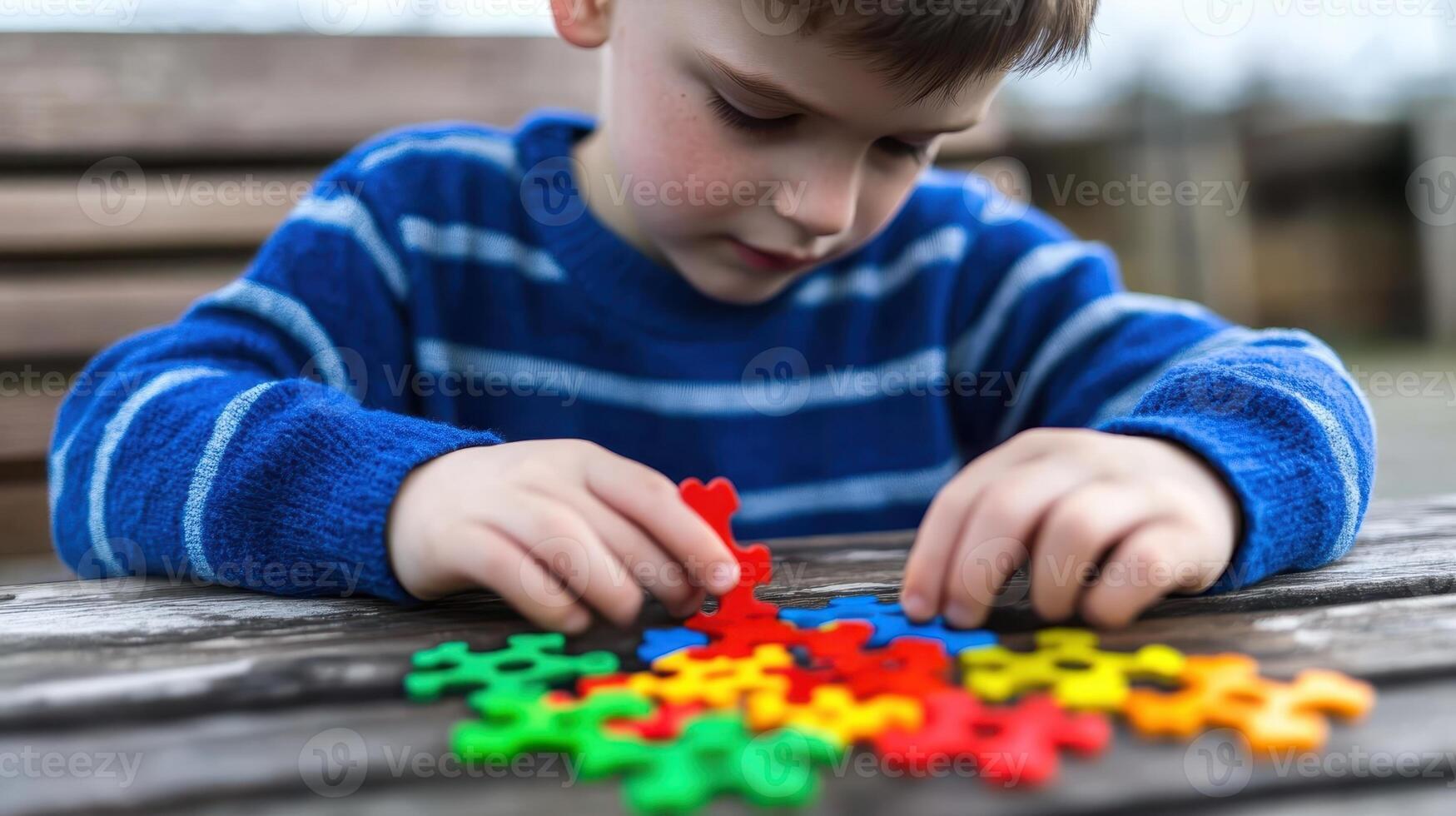 Child carefully assembling colorful puzzle pieces outdoors on a wooden table during a sunny day in a park photo