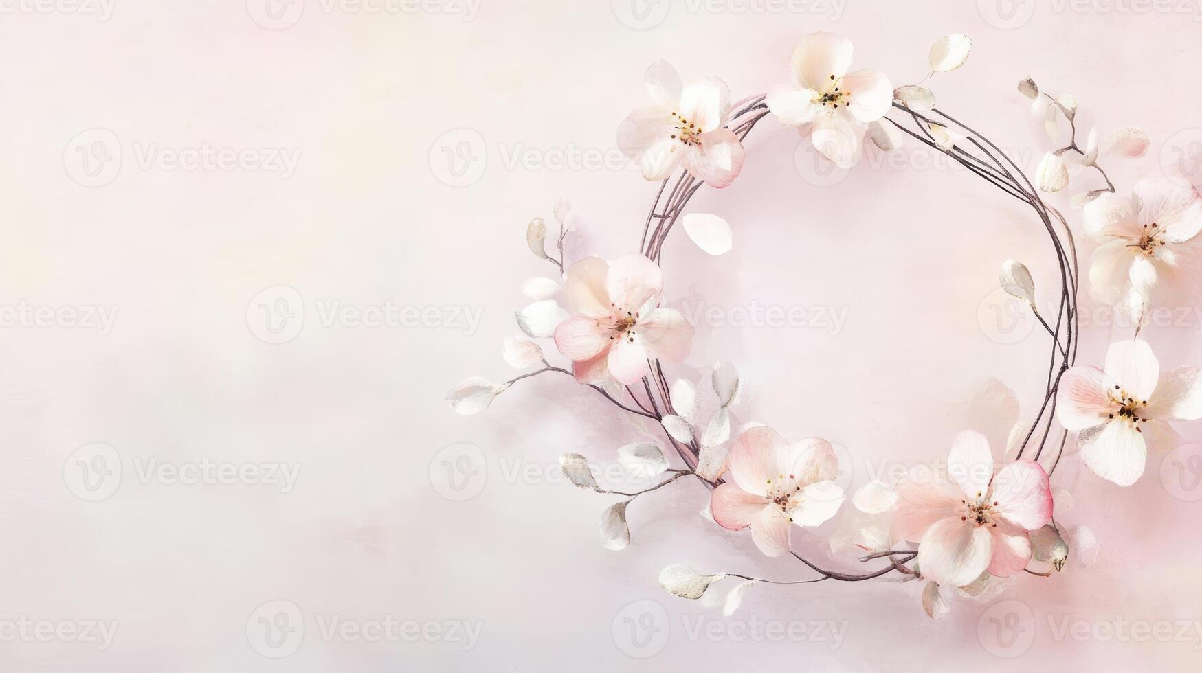 Beautiful floral wreath with soft pink blossoms against a pastel background, perfect for spring decorations and celebrations in a tranquil setting photo