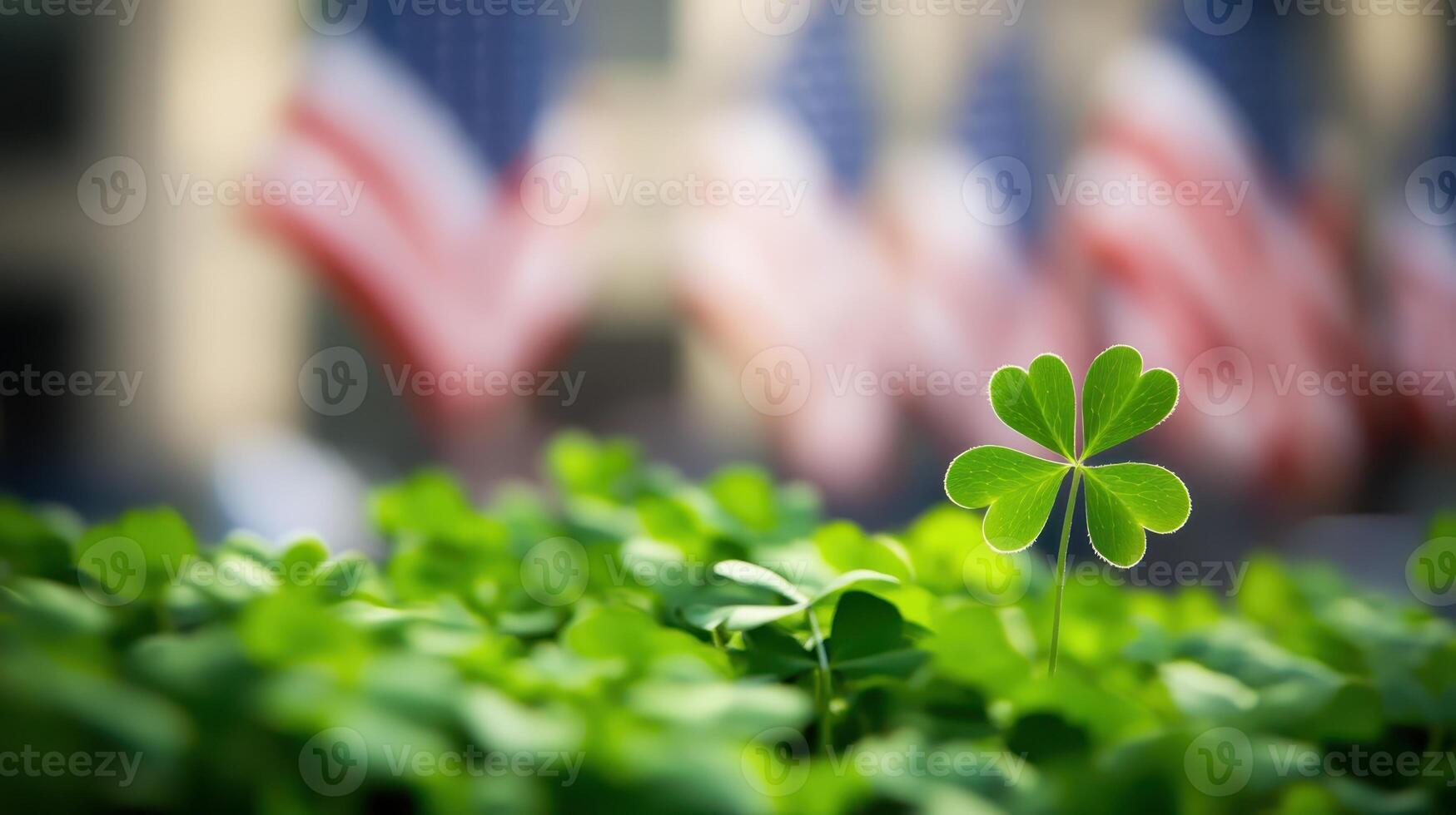 Green clover stands out among lush foliage in front of waving American flags during a sunny day at a local park photo