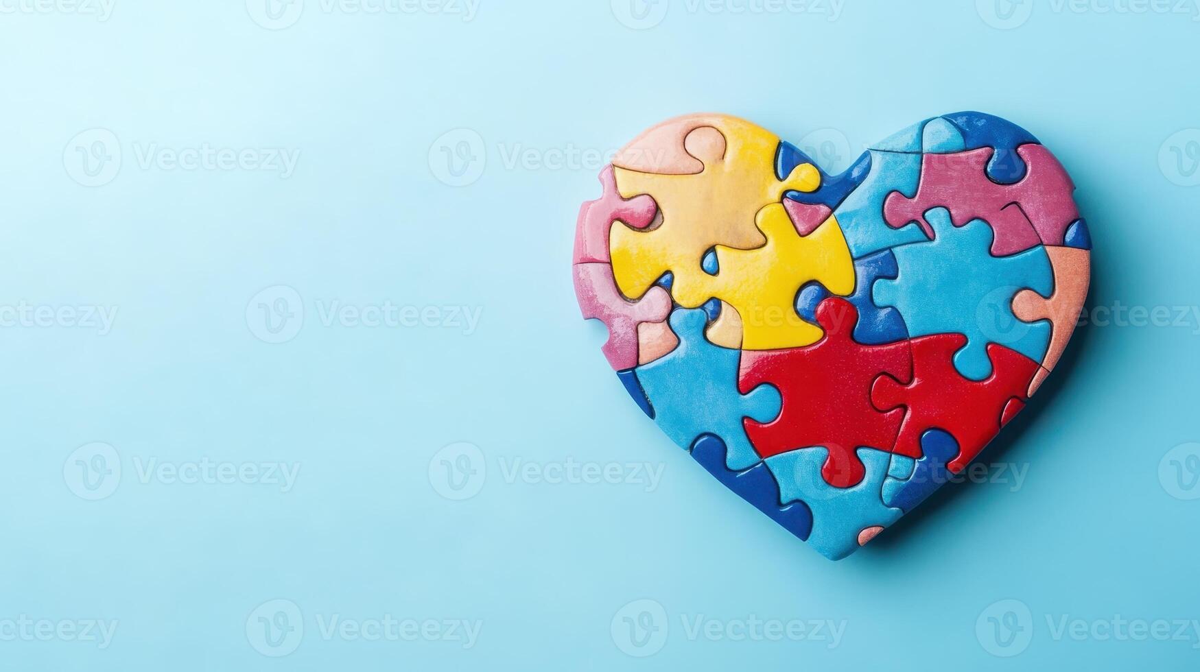 Colorful heart-shaped puzzle pieces arranged on a blue background representing love, unity, and inclusivity in a creative and playful way photo