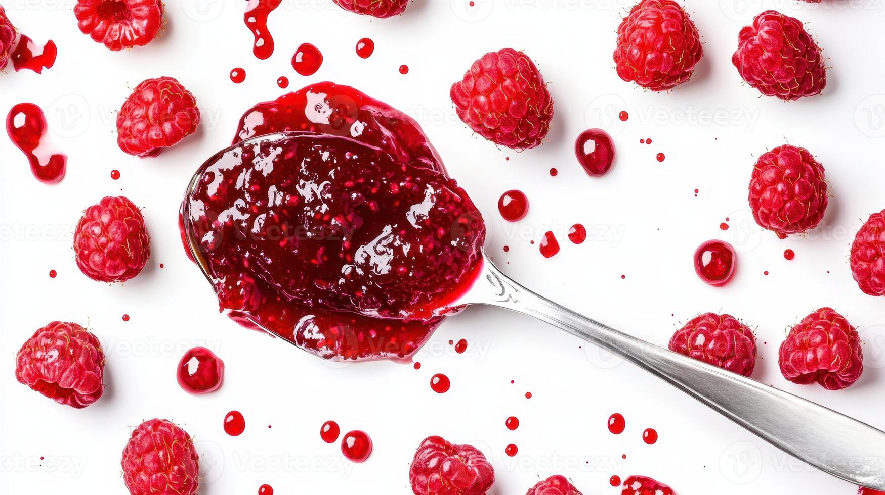 Fresh raspberries and rich raspberry jam arranged on a white surface creating a vibrant and appetizing display of colors and textures photo