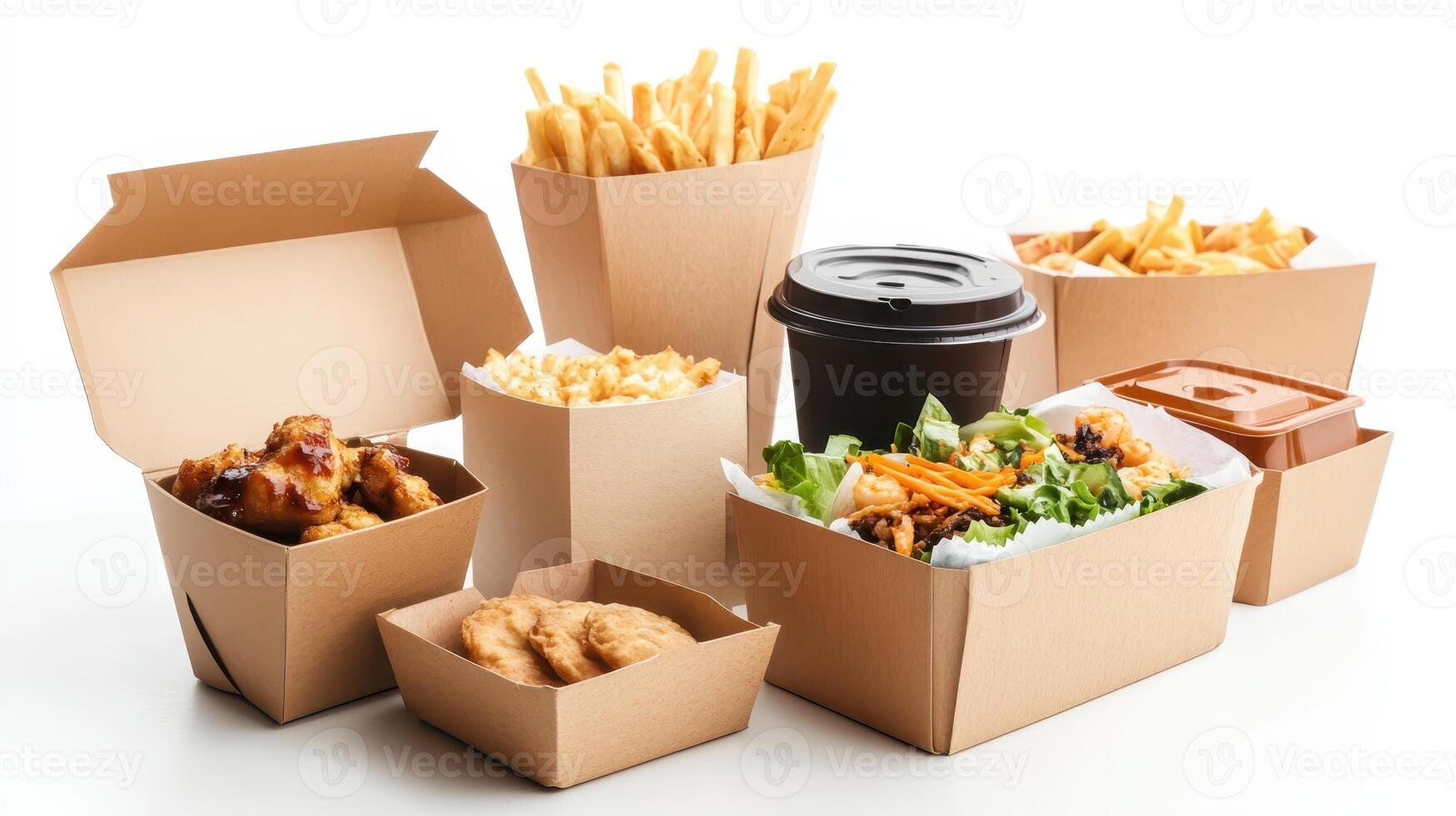 Tasty assortment of takeout food featuring fried chicken, fries, salad, and more in eco-friendly containers photo