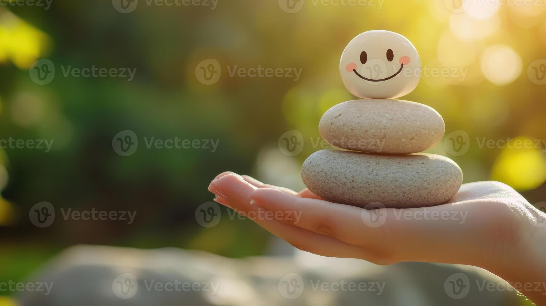 Handholding three stacked stones with a smiling stone on top in a serene outdoor setting during golden hour photo