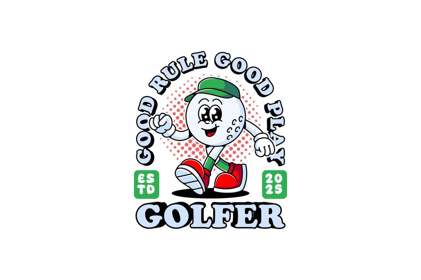 golf ball retro cartoon character mascot illustration with wearing cap, walking pose and showing happy face for golf sport club mascots and merchandise vector
