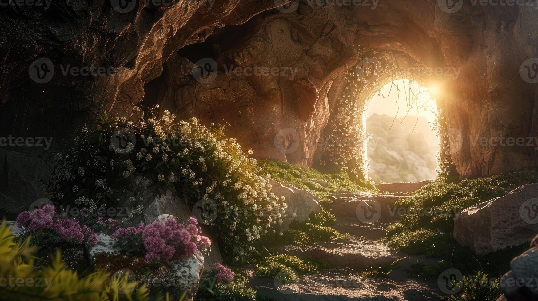 A cave with flowers and grass in the background photo