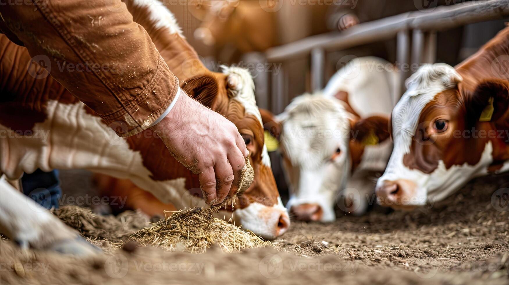 A man is feeding hay to cows in a pen photo