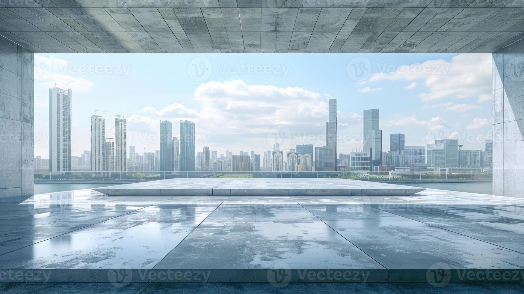 An empty room with a view of a city photo