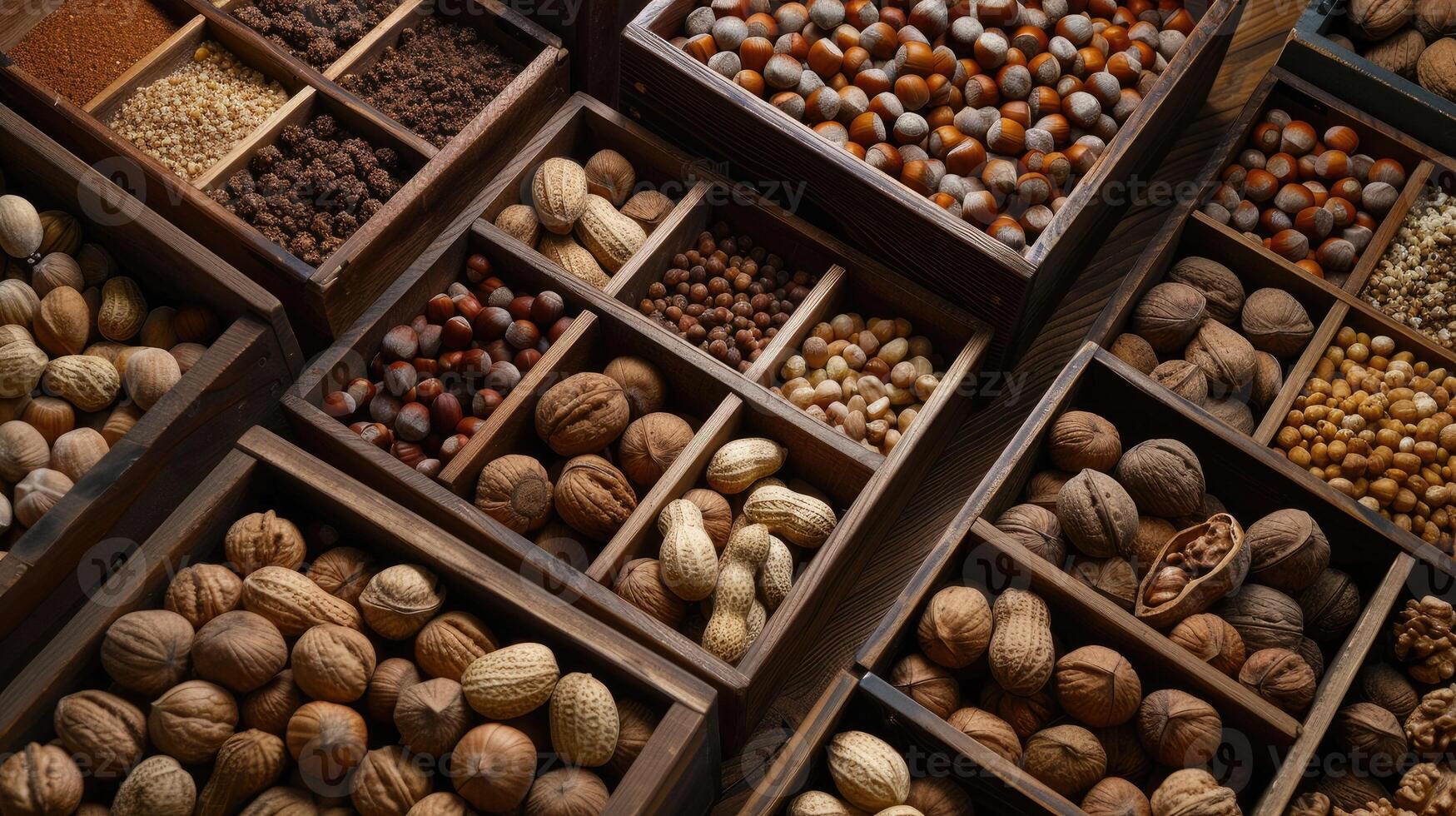 Nutty and dried nuts in wooden boxes photo