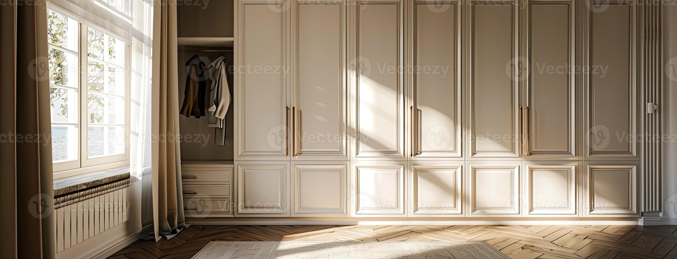 A room with a large closet and a window photo